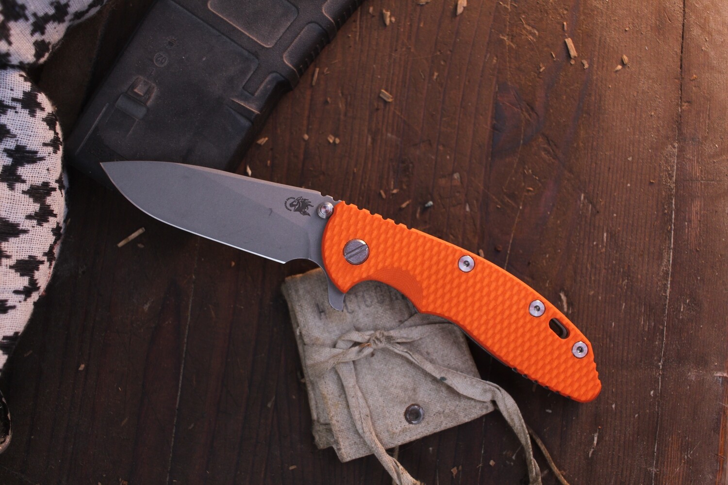 Hinderer XM-18 3.5&quot; Slicer Framelock Flipper / Orange G-10 &amp; Working Finish Titanium / Working Finish 20CV ( Pre Owned )
