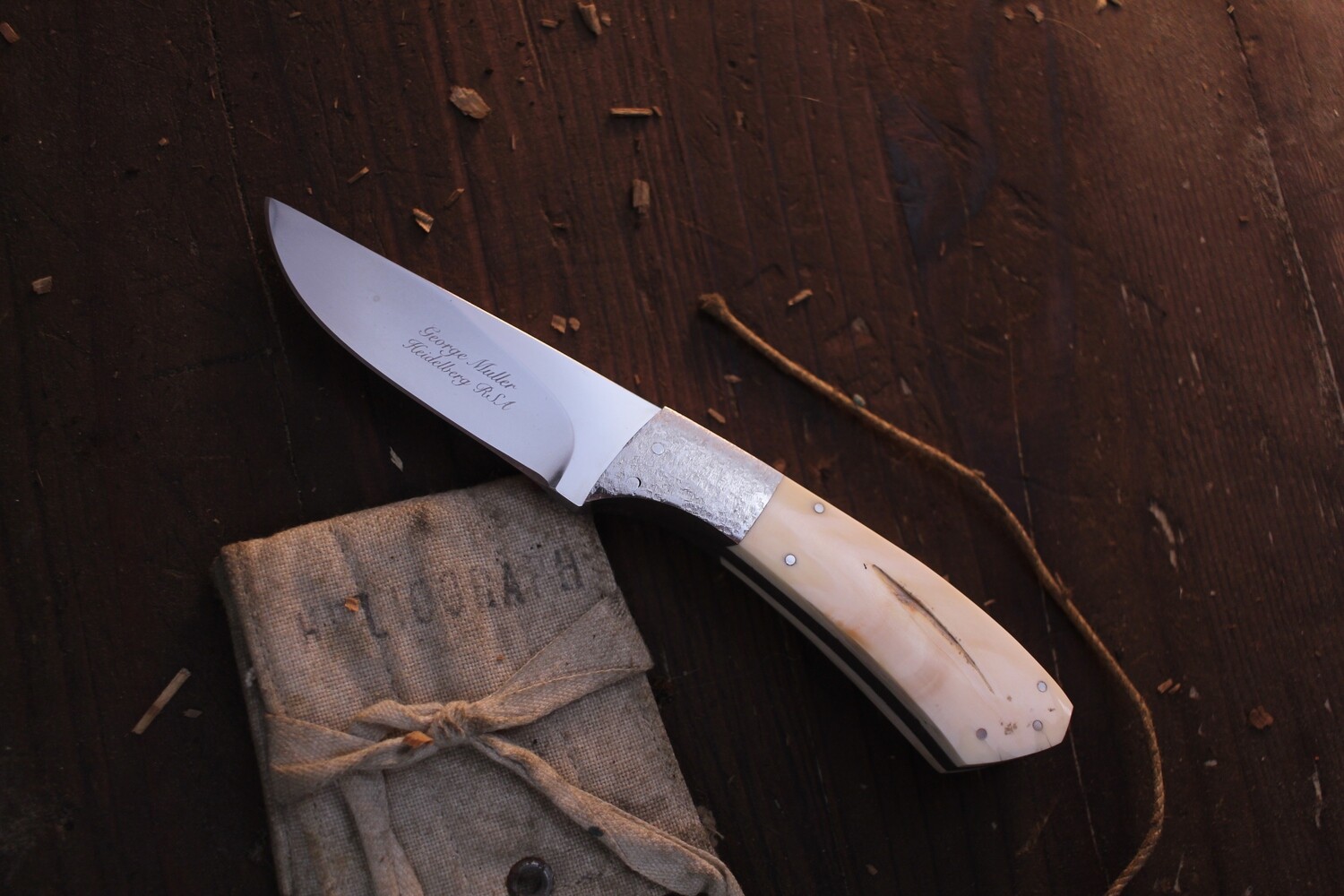 George Muller Hunter 2.5&quot; Fixed Blade / Warthog Tusk Hammered Nickel Bolsters / Polished N690