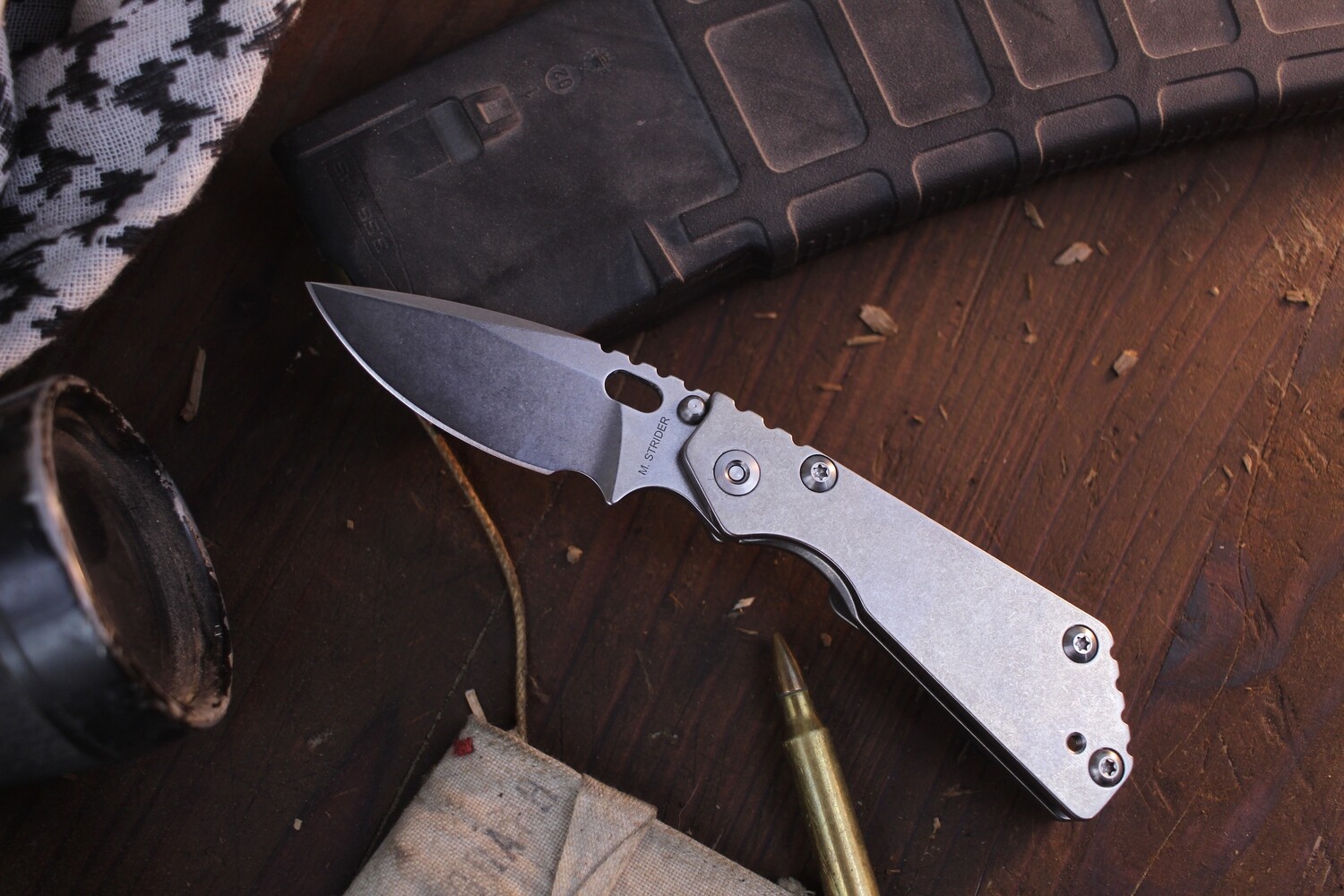 M. Strider MSC PT 2.85&quot; Framelock Folder / Stonewashed Titanium / Stonewashed CPM-154 ( Pre Owned )