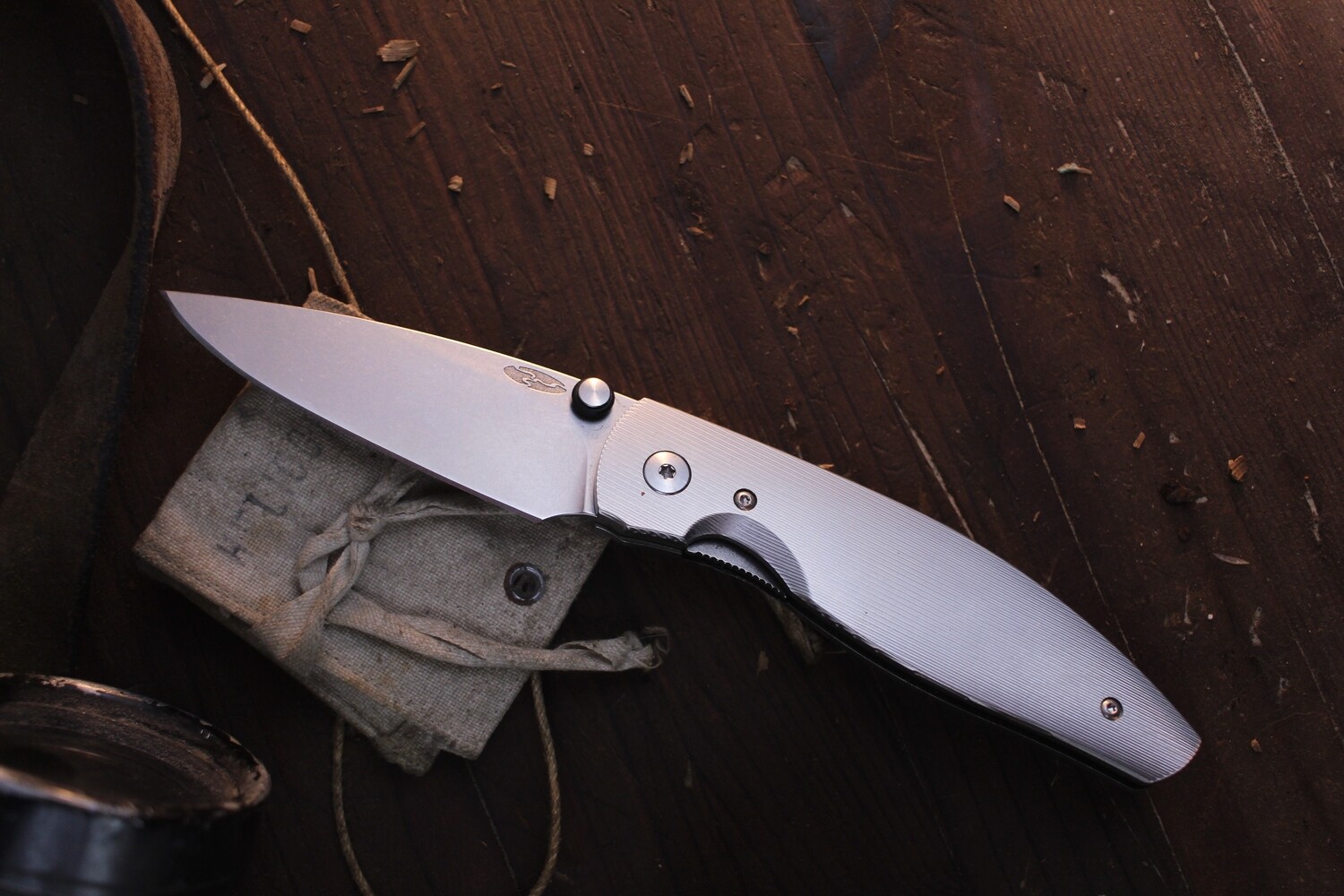 Three RIvers Manufacturing Atom 3.5&quot; Folding Knife / Milled Titanium / Stonewashed 20CV ( Pre Owned )