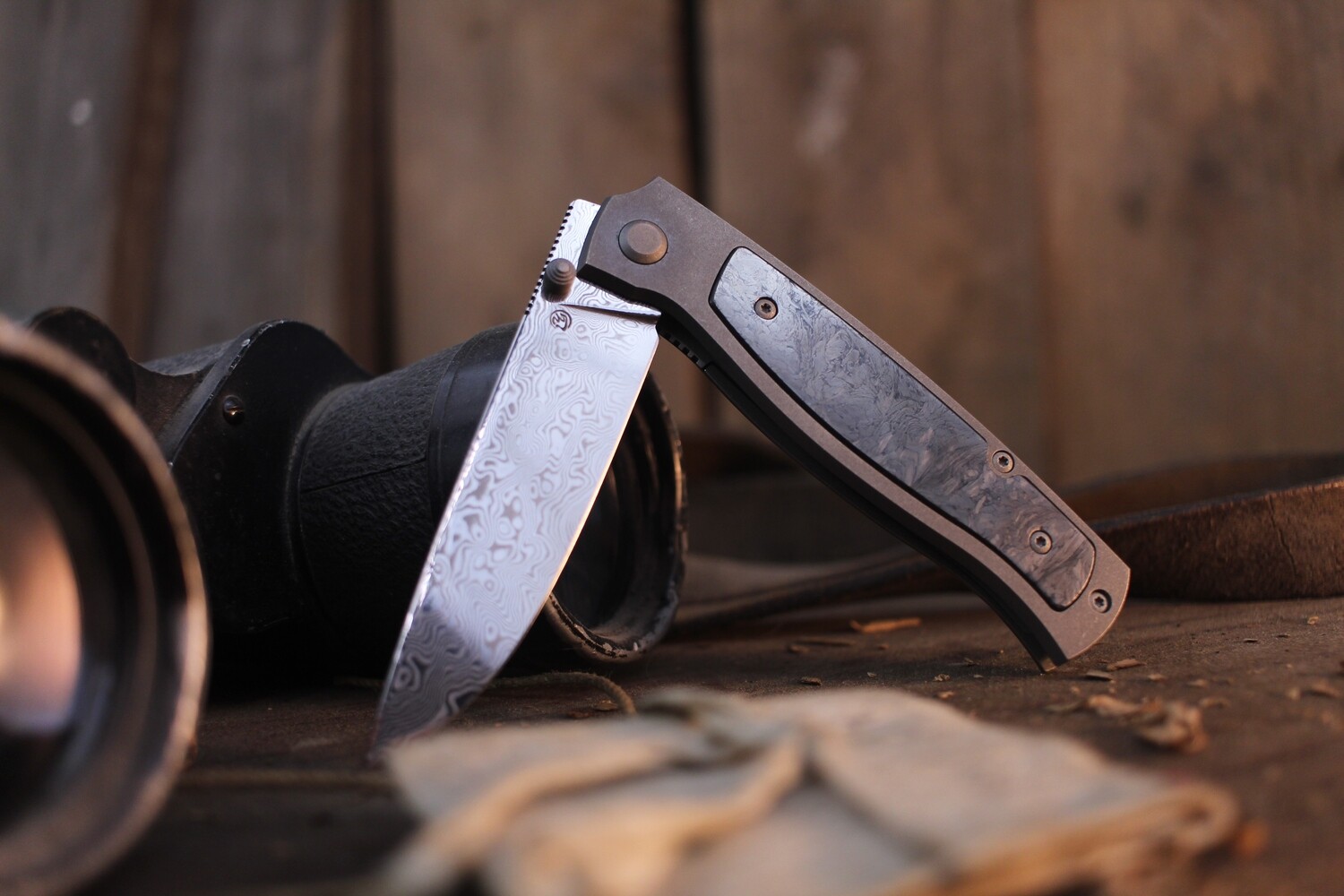 Cheburkov Strizh 3.5&quot; Folding Knife / Titanium &amp; Marbled Carbon Fiber Inlay / Damasteel ( Pre Owned )