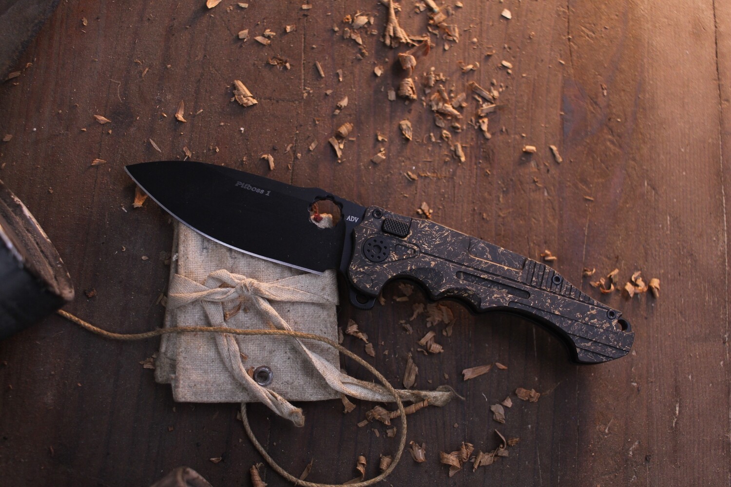 ADV Tactical Pitboss 1 3.5&quot; Folding Knife / Copper Shred Carbon Fiber / Black M390 ( Pre Owned )