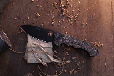ADV Tactical Pitboss 1 3.5" Folding Knife / Copper Shred Carbon Fiber / Black M390 ( Pre Owned )