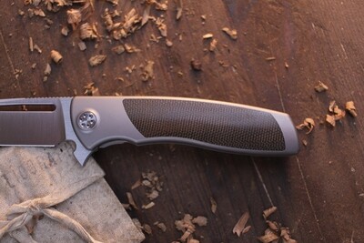 Sharp By Design Mini Evo Drop Point  3.25" Framelock Flipper / Satin Titanium &amp; OD Green Micarta Inlay / Satin M390
