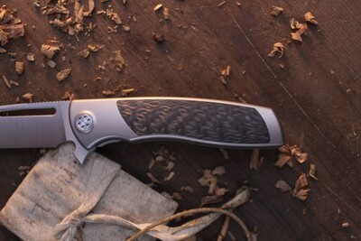 Sharp By Design Mini Evo Drop Point  3.25" Framelock Flipper / Satin Titanium &amp; Carbon Fiber Inlay / Satin M390