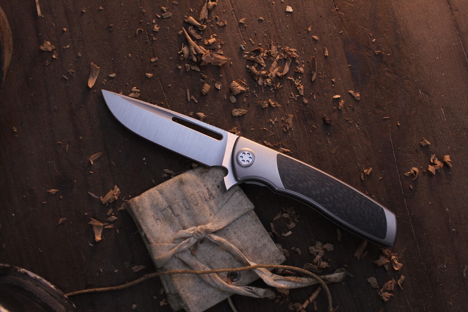 Sharp By Design Mini Evo Drop Point  3.25&quot; Framelock Flipper / Satin Titanium &amp; Carbon Fiber Inlay / Satin M390