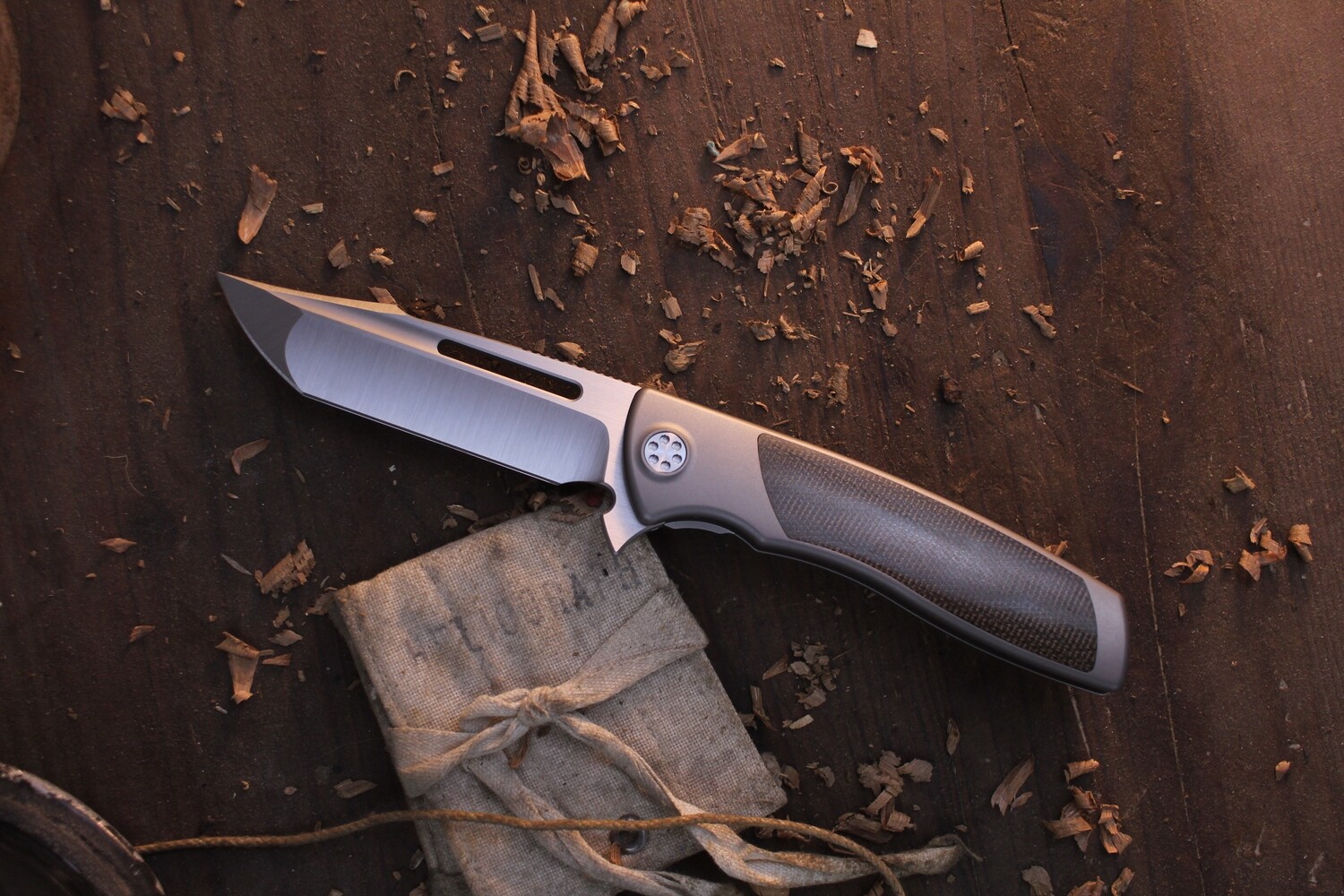 Sharp By Design Mini Evo Harpoon 3.25&quot; Framelock Flipper / Satin Titanium &amp; OD Green Micarta Inlay / Satin M390