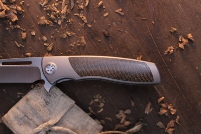 Sharp By Design Mini Evo Harpoon 3.25" Framelock Flipper / Satin Titanium &amp; OD Green Micarta Inlay / Satin M390