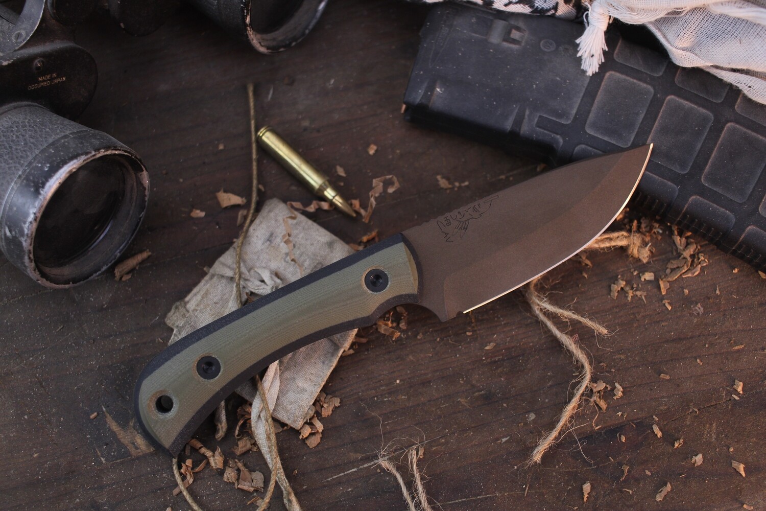 Half Face Blade Cavner 4.2&quot; Fixed Blade / Green &amp; Black G-10 / Bronze Cerakote S35VN