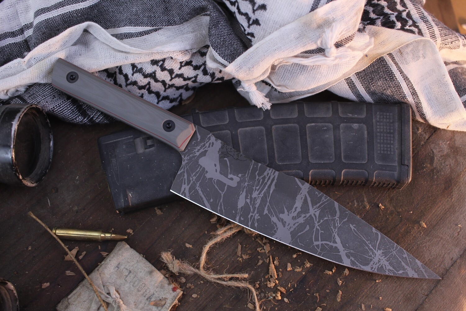 Half Face Blade 10&quot; Chef Knife / Gray G-10 / Acid Splattered S35VN