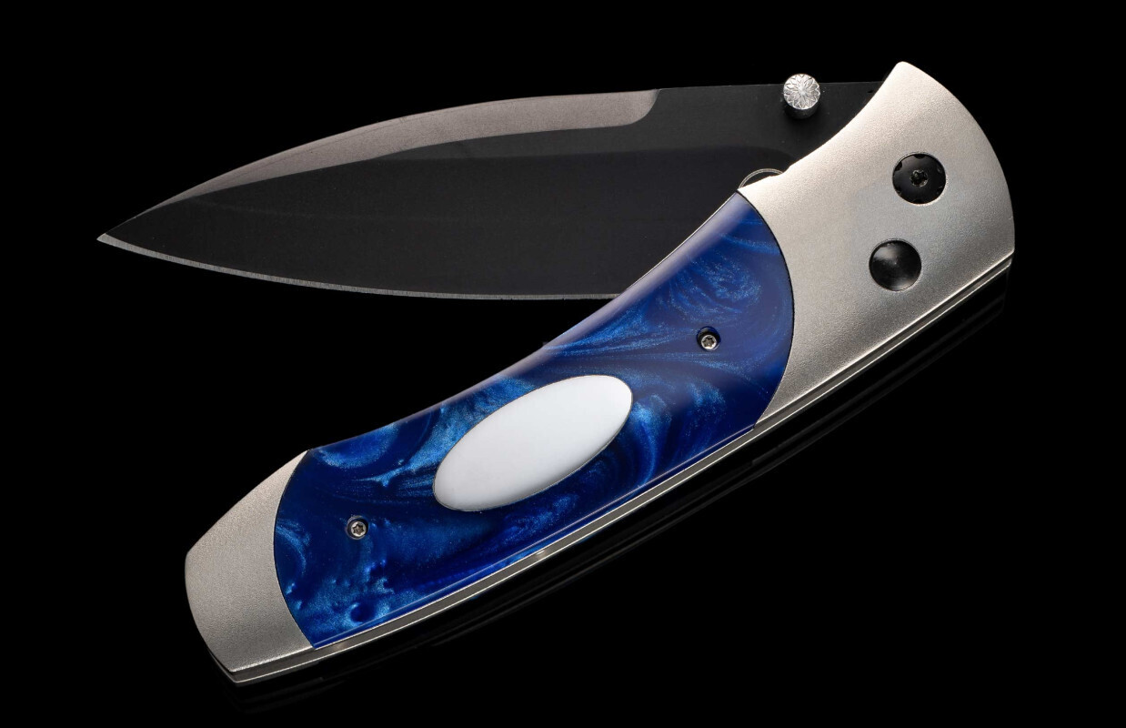 William Henry Studio A300-2B 3&quot; Button Lock Folder / Titanium &amp; Blue Kirinite / Black DLC 10CR15COMOV