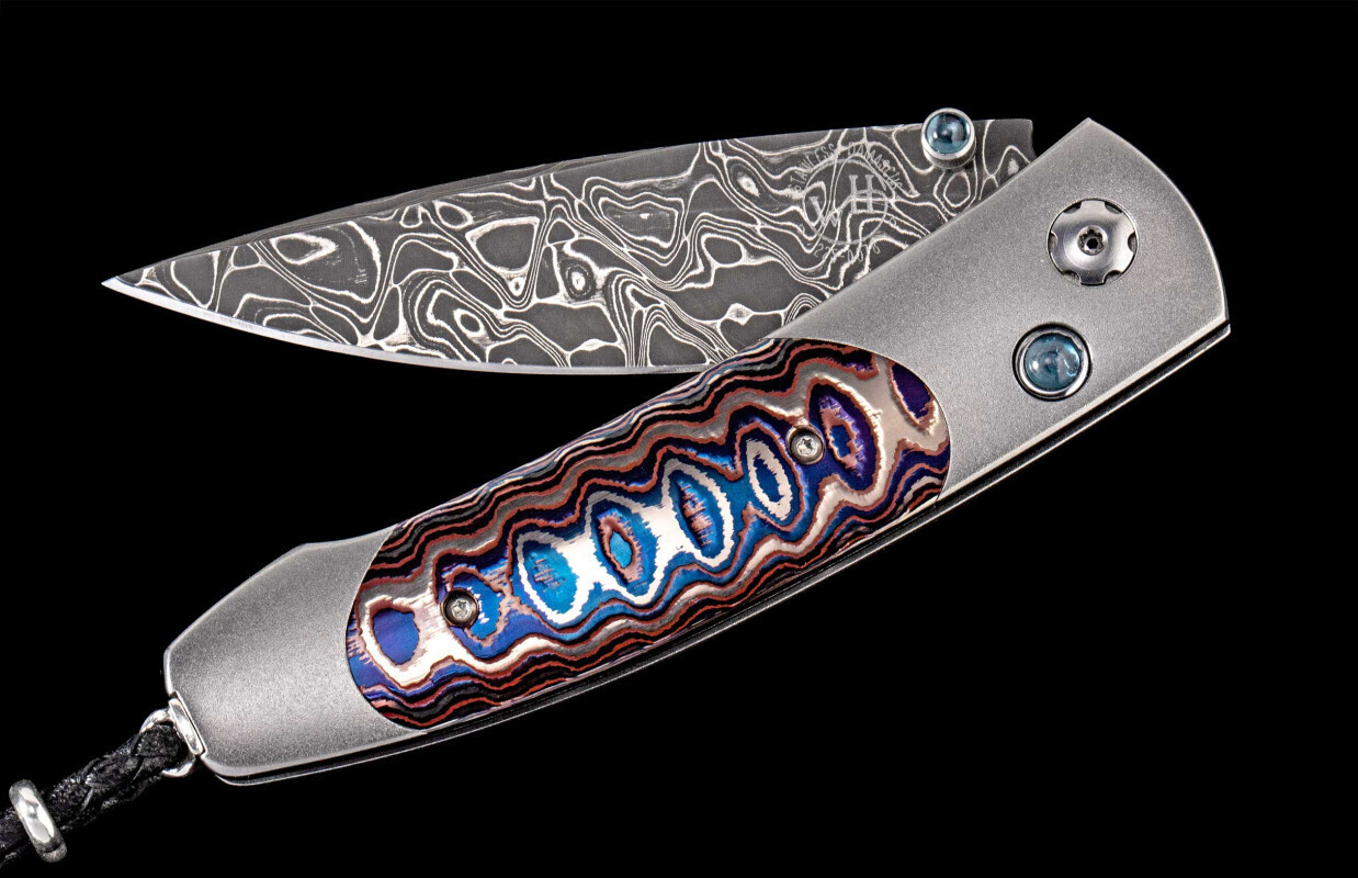William Henry Studio B05 Monarch Dark Fire Folder / Titanium With Wave Mokume Inlay &amp; Blue Topaz / Intrepid Damascus