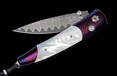 William Henry Studio B10 Blue Sand 2.75" Button Lock Folder / Rolling Rock Damascus With Mother Of Pearl Inlay / Wave Damascus