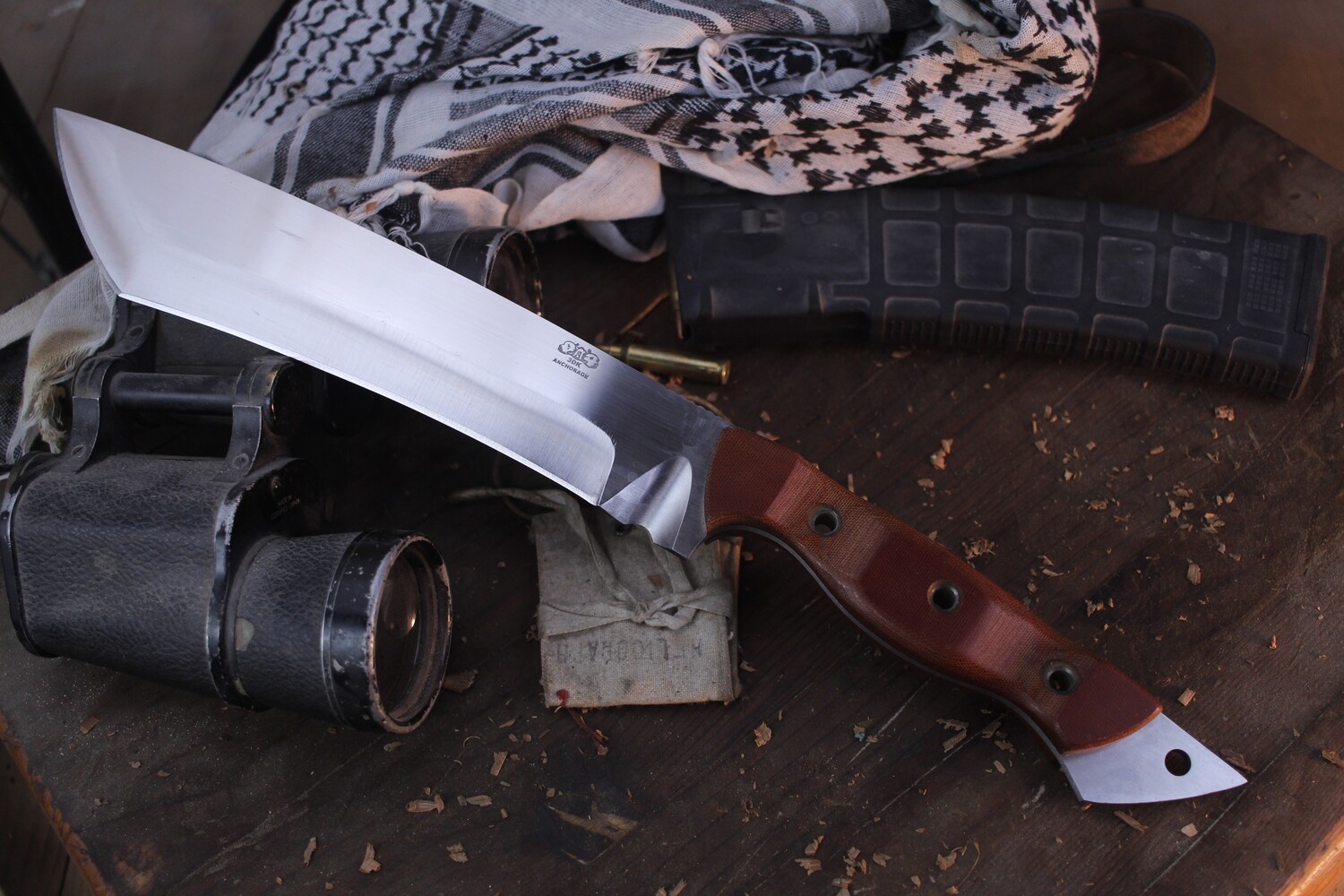 3DK Severance 10&quot; Modified Tanto  / Brown Micarta / Satin Elmax Blade With Integrated Cord Cutter ( Pre Owned )