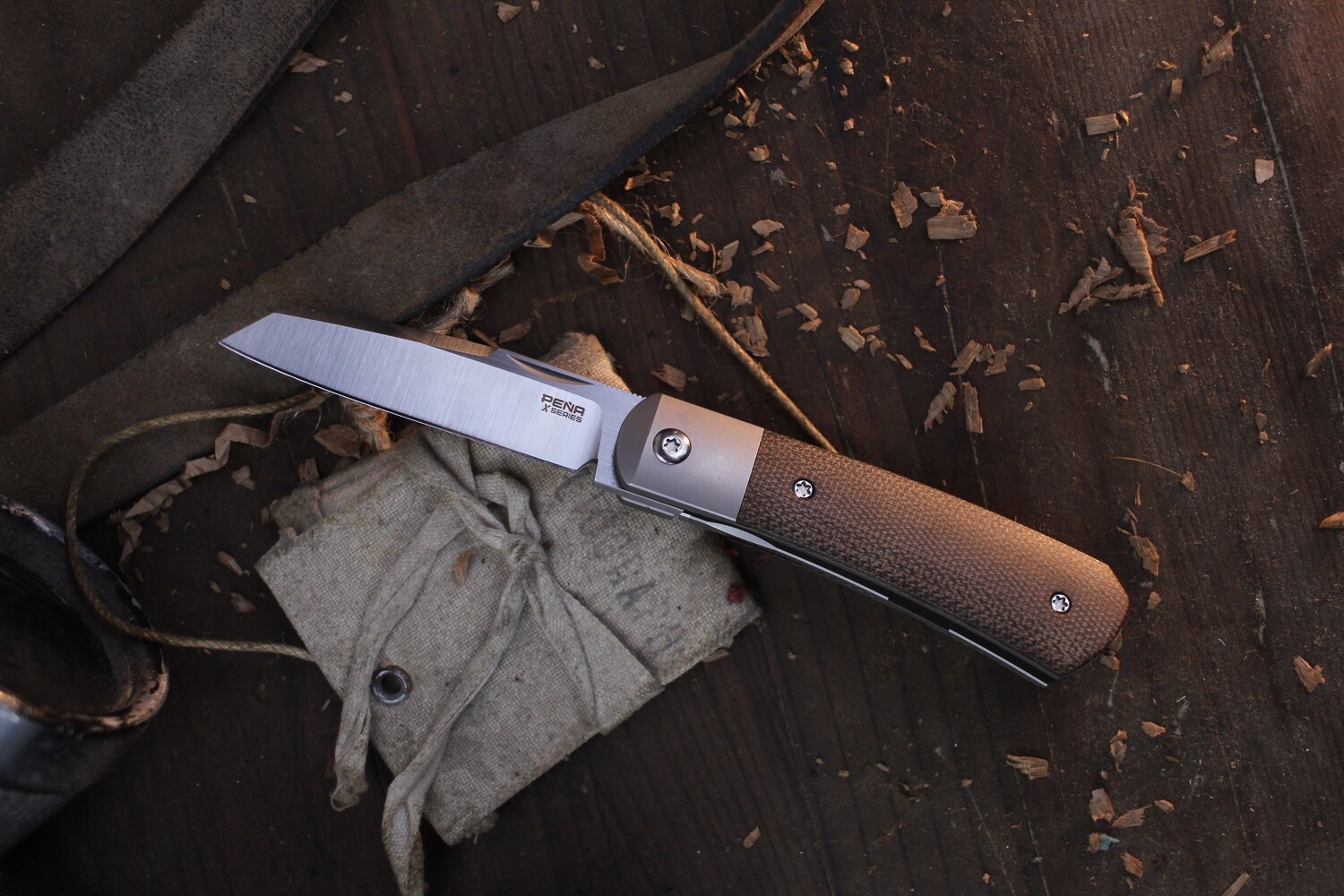 Pena X Series Apache 2.816&quot; Front Flipper / Green Micarta &amp; Titanium / Satin M390 ( Pre Owned )