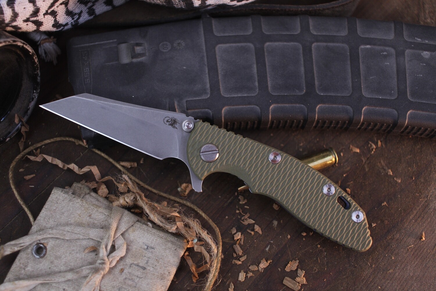 Hinderer XM-18 3&quot; Folding Knife / OD G-10 &amp; Battle Blue Titanium / Working Finish 20CV Wharncliffe ( Pre Owned )