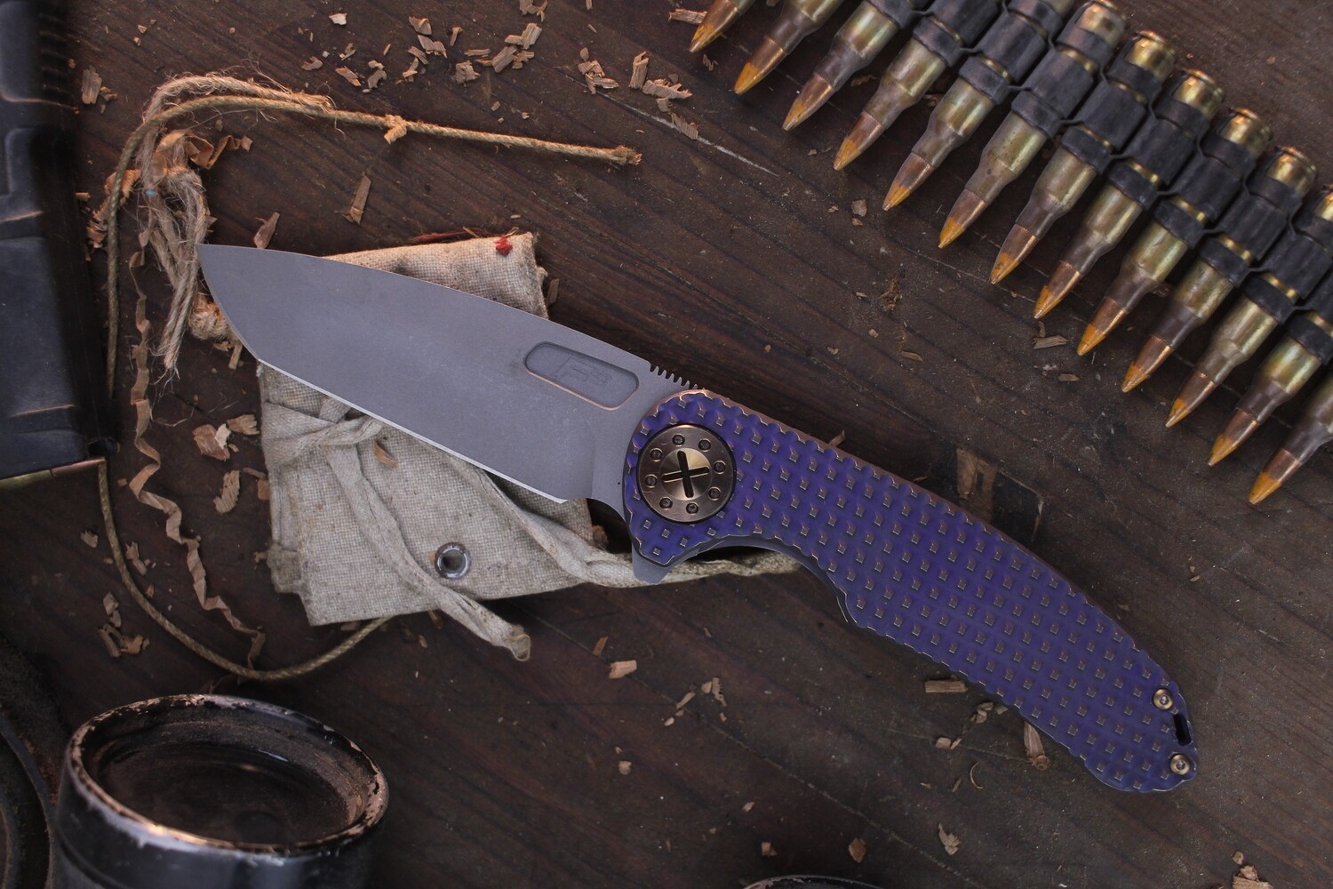 Curtiss Knives F3 Large Spanto 3.87&quot; Framelock Flipper / Blue &amp; Bronze Frag Titanium &amp; Bronze Hardware / Blasted CPM-MagnaCut