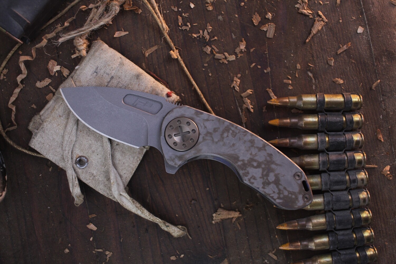 Curtiss Knives F3 Compact Slicer 2.5&quot; Framelock Flipper / Marbled Titanium &amp; Bronze Hardware / Blasted CPM-MagnaCut