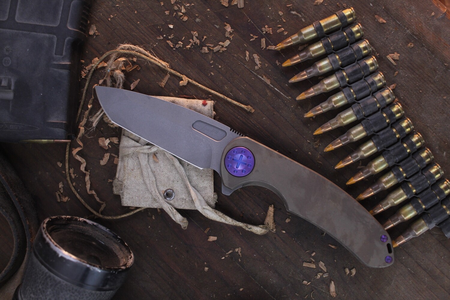 Curtiss Knives F3 Large Spanto 3.87&quot; Framelock Flipper / Stonewashed Bronzed Titanium &amp; Purple Hardware / Blasted CPM-MagnaCut