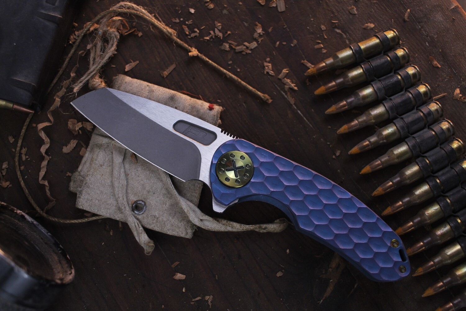 Curtiss Knives F3 Medium Wharny 3.25&quot; Framelock Flipper / Aqua Scalloped Titanium &amp; Gold Hardware / Blasted CPM-MagnaCut