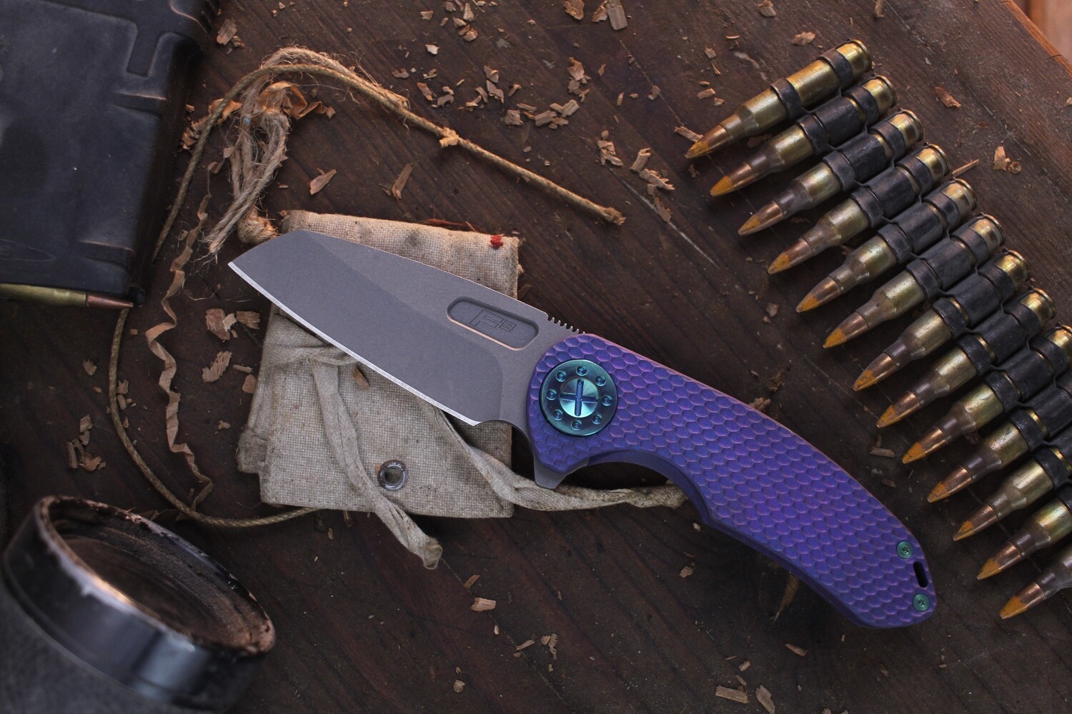 Curtiss Knives F3 Medium Wharny 3.25&quot; Framelock Flipper / Purple Scaled Titanium &amp; Green Hardware / Blasted CPM-MagnaCut