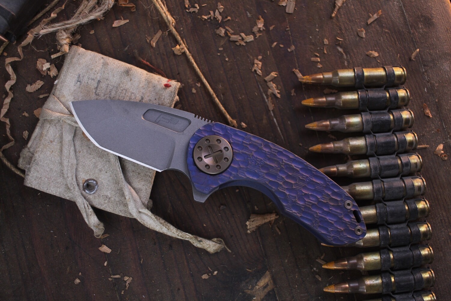 Curtiss Knives F3 Compact Spanto 2.5&quot; Framelock Flipper / Blue FJ-Mil Titanium &amp; Bronze Hardware / Blasted CPM-MagnaCut