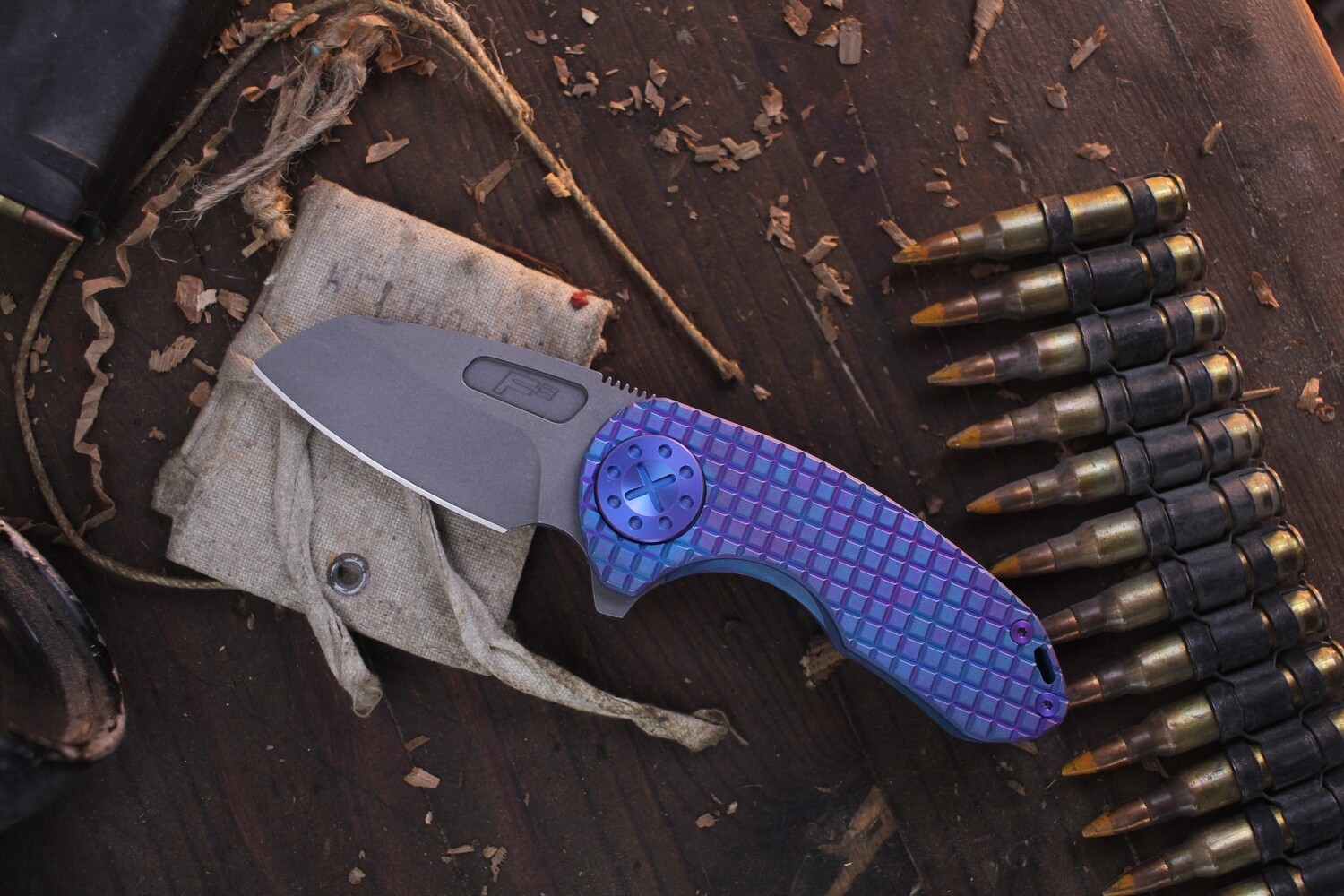 Curtiss Knives F3 Compact Wharny 2.5&quot; Framelock Flipper / Aqua Frag Titanium &amp; Purple Hardware / Blasted CPM-MagnaCut