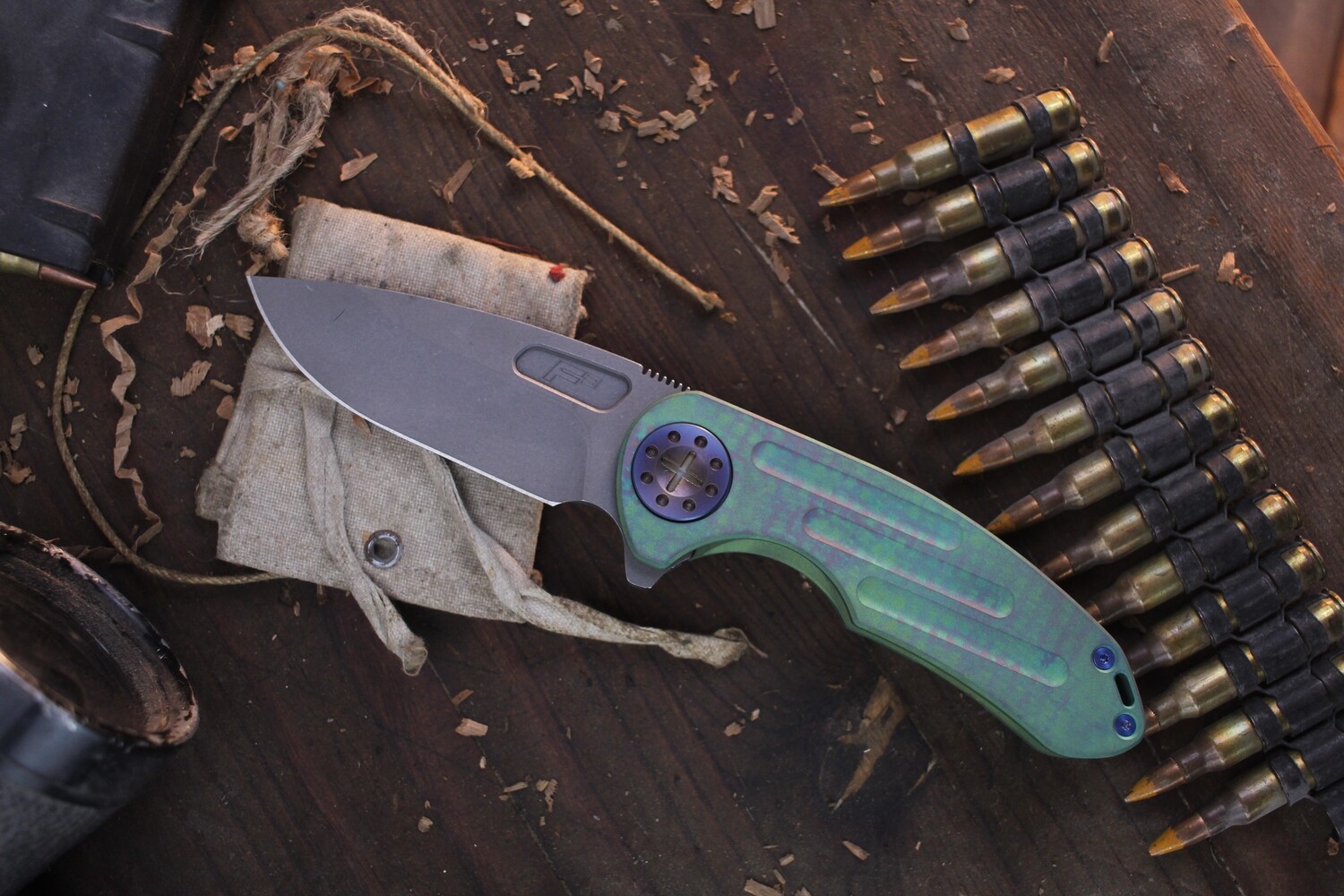 Curtiss Knives F3 Medium Slicer 3.25&quot; Framelock Flipper / Green High Speed Titanium &amp; Ombre Hardware / Blasted CPM-MagnaCut