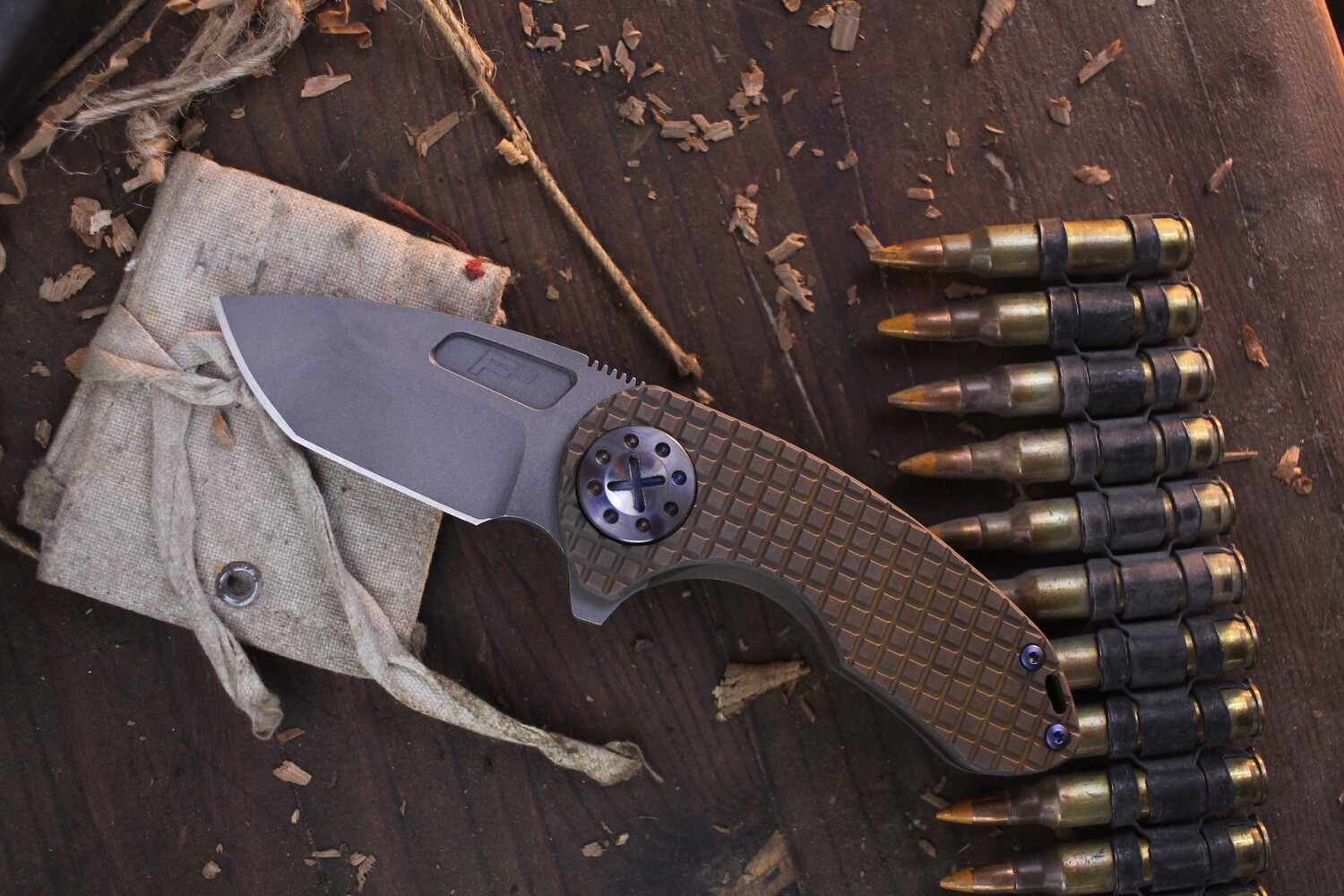 Curtiss Knives F3 Compact Spanto 2.5&quot; Framelock Flipper / Bronze Frag Titanium &amp; Flamed Hardware / Blasted CPM-MagnaCut