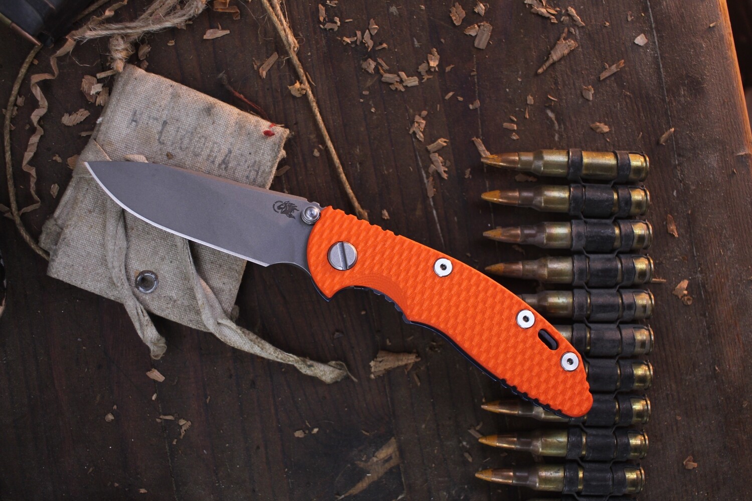 Hinderer Knives XM-18 3&quot; Non-Flipper Frame Lock Knife / Battle Blue Titanium &amp; Orange G10 / Working Finish 20CV ( Pre Owned )