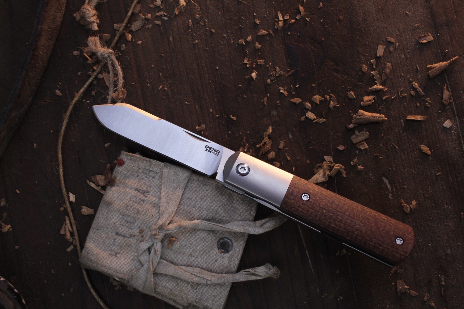 Pena X Series 2.875&quot; Barlow 2 Front Flipper / Burlap Micarta &amp; Titanium / Satin M390 ( Pre Owned )
