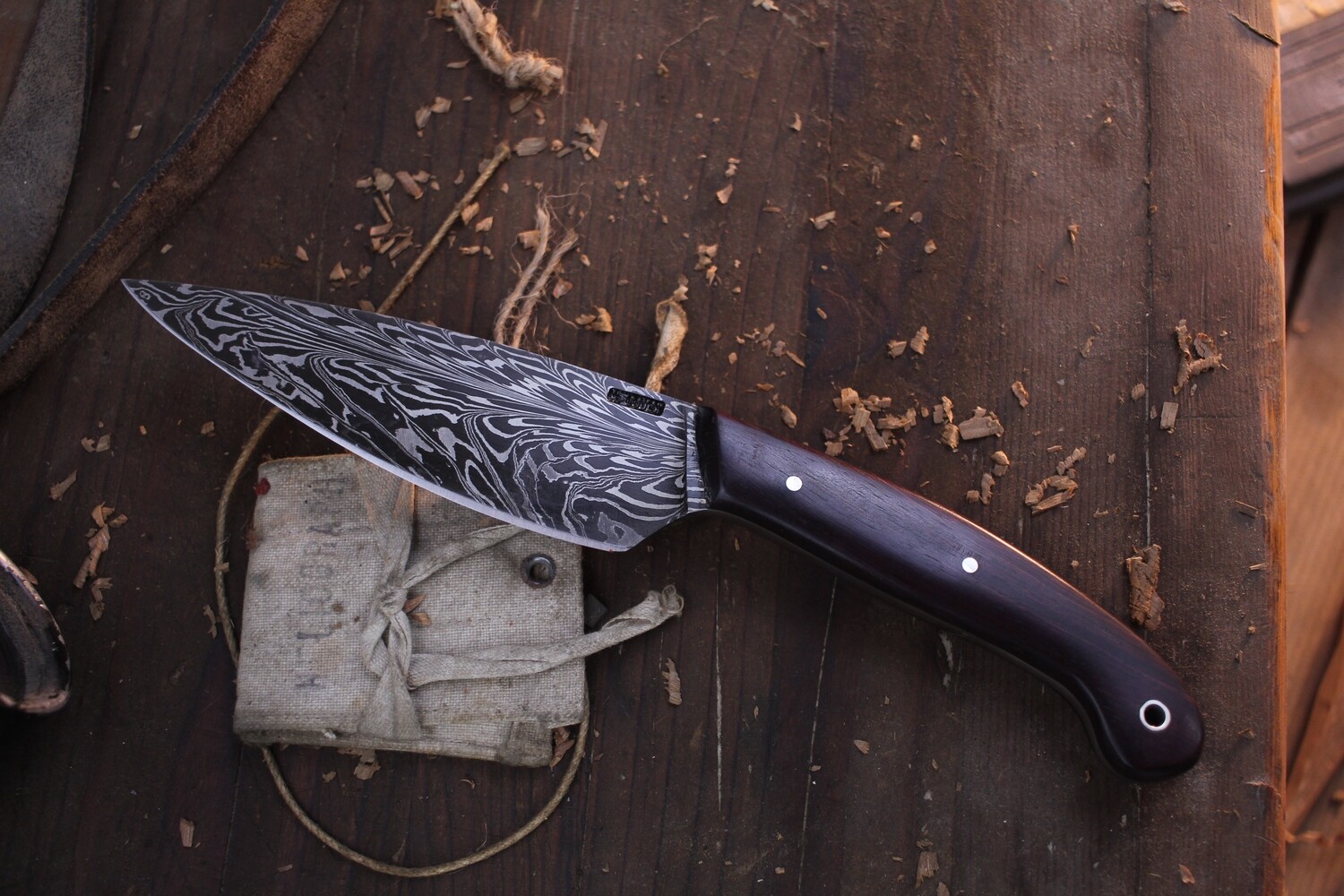 Mark Couch Large 5” Camp Knife / Purple Heartwood / Forged Alaskan Damascus