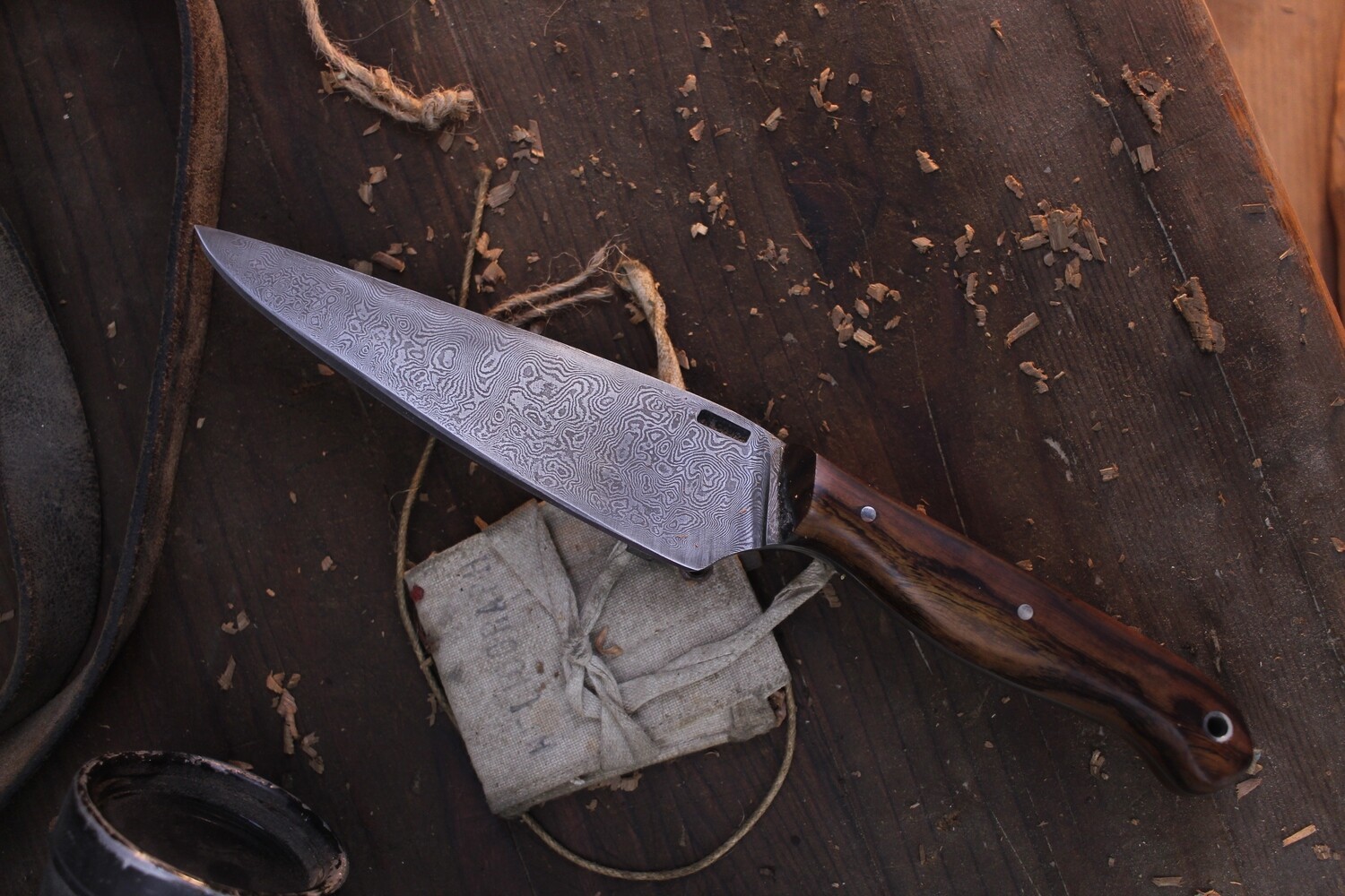 Mark Couch Large 5.75” Camp Knife / Desert Ironwood / Forged Alaskan Damascus