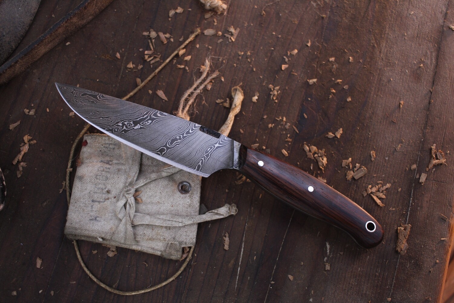 Mark Couch Large 4” Drop Point Hunter / Desert Ironwood / Forged Alaskan Damascus