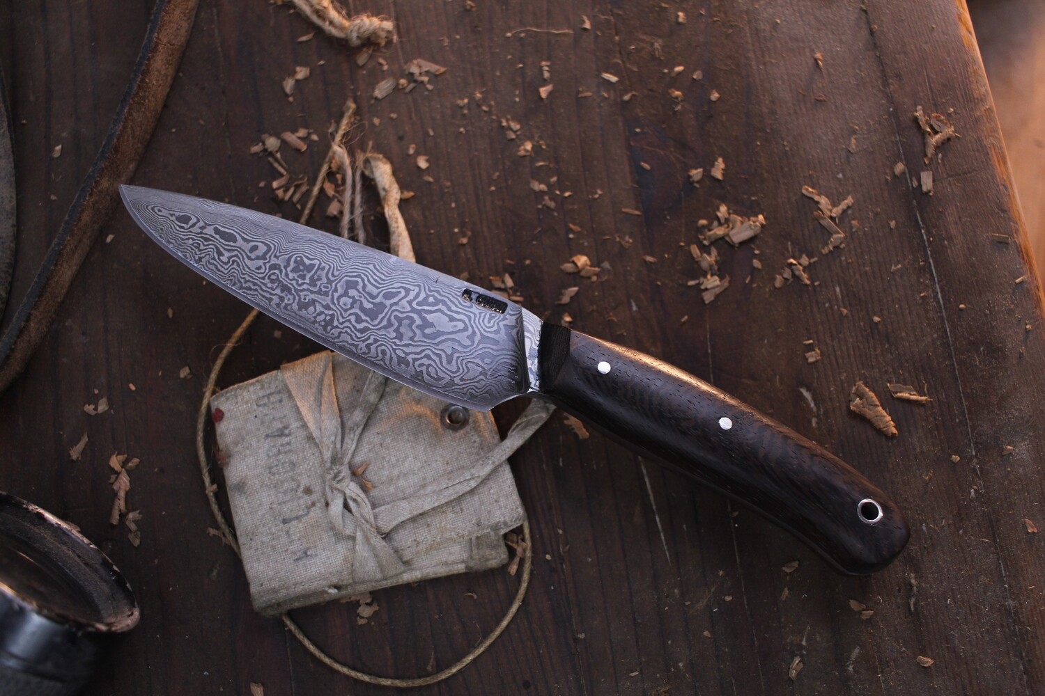 Mark Couch Medium 4.75” Camp Knife / Wenge / Forged Alaskan Damascus
