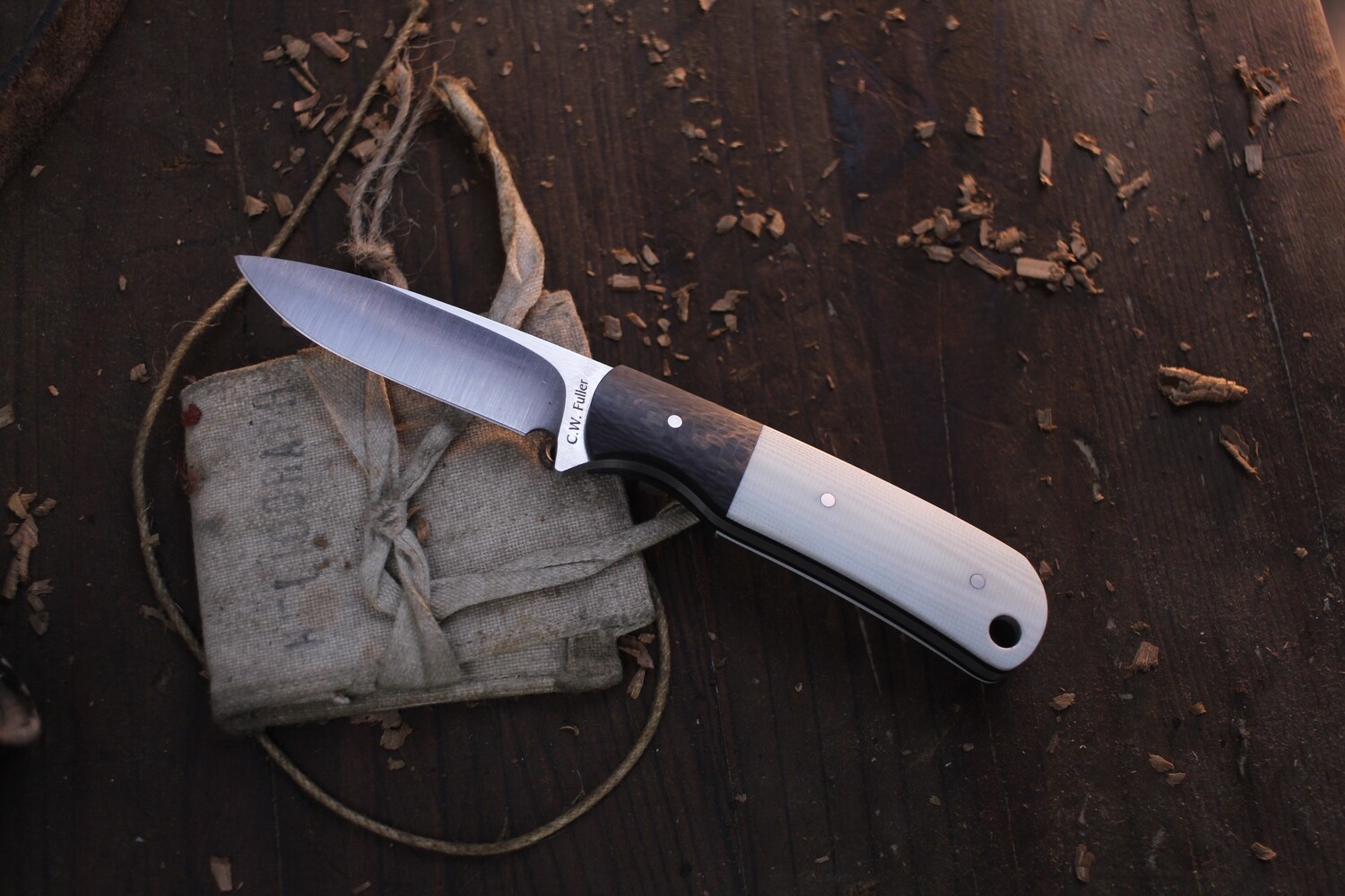 C.W. Fuller Pocket Pal 2.5” Spear Point Fixed Blade / White G-10 &amp; Carbon Fiber / Satin N690