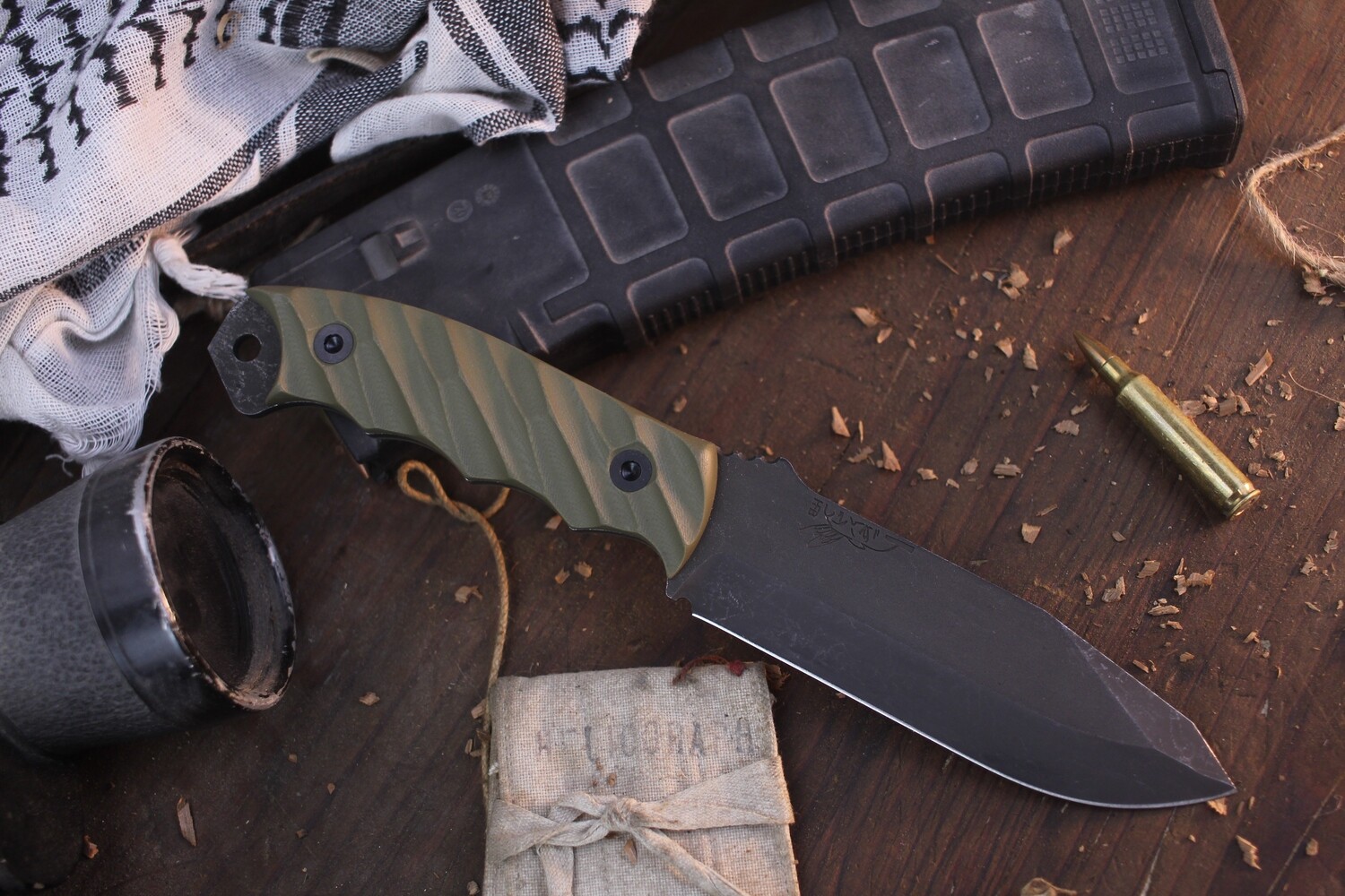 Half Face Blade Disaster Breacher 4.7” Fixed Blade / OD Green G-10 / Acid Wash CPM-3V