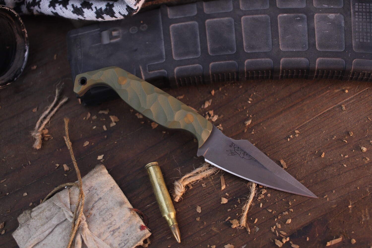 Half Face Blade GULO GULO 3” Fixed Blade / OD Green G-10 &amp; Tan G-10 Pins / Acid Washed S35VN