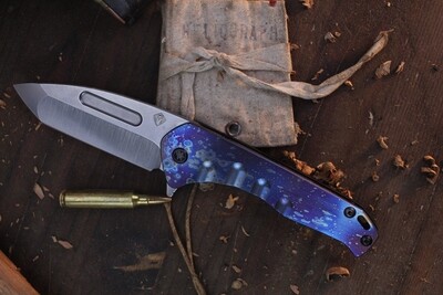 Medford Knife and Tool (MKT) Prae Slim 3.3" Plunge Lock Flipper / Galaxy Anodized Titanium / Tumbled S45VN Tanto