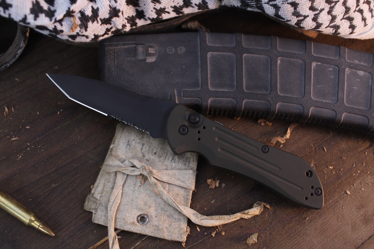 Benchmade Auto Stryker Tanto 3.6&quot; Automatic Knife / OD Green Aluminum / Black Serrated 154CM (Pre-Owned)