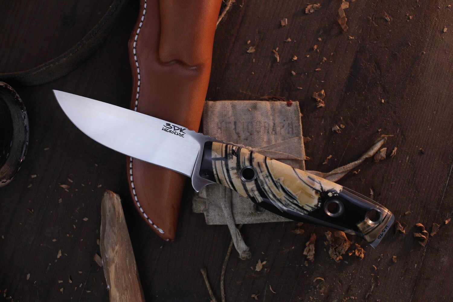 3DK MAK 4&quot; Fixed Drop Point, Convex Hand Ground M390 Blade / Cross Cut Mammoth Ivory Handle