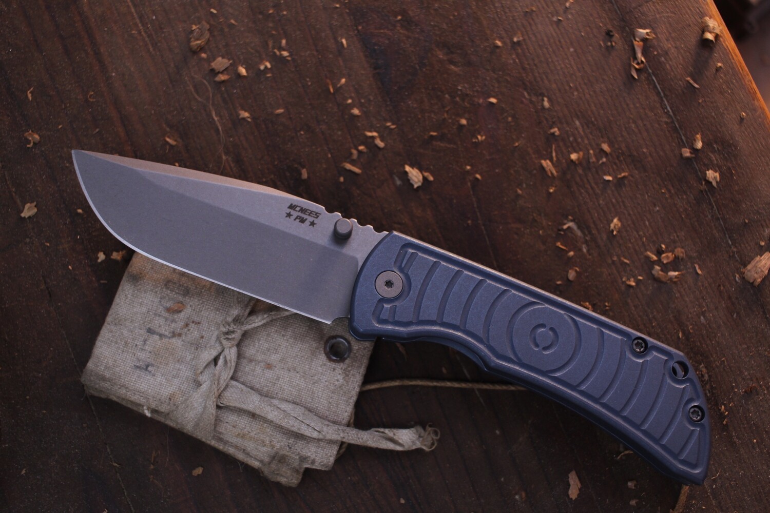 Mcnees Custom Knives Mac 2 3.5&quot; Framelock Folder / Blue Shockwave Titanium / Stonewashed Magnacut