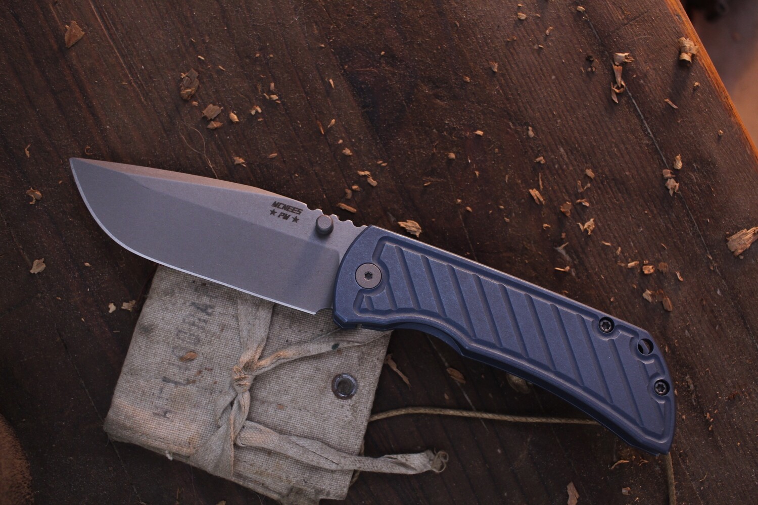 Mcnees Custom Knives Mac 2 3.5&quot; Framelock Folder / Blue Fastback Titanium / Stonewashed Magnacut