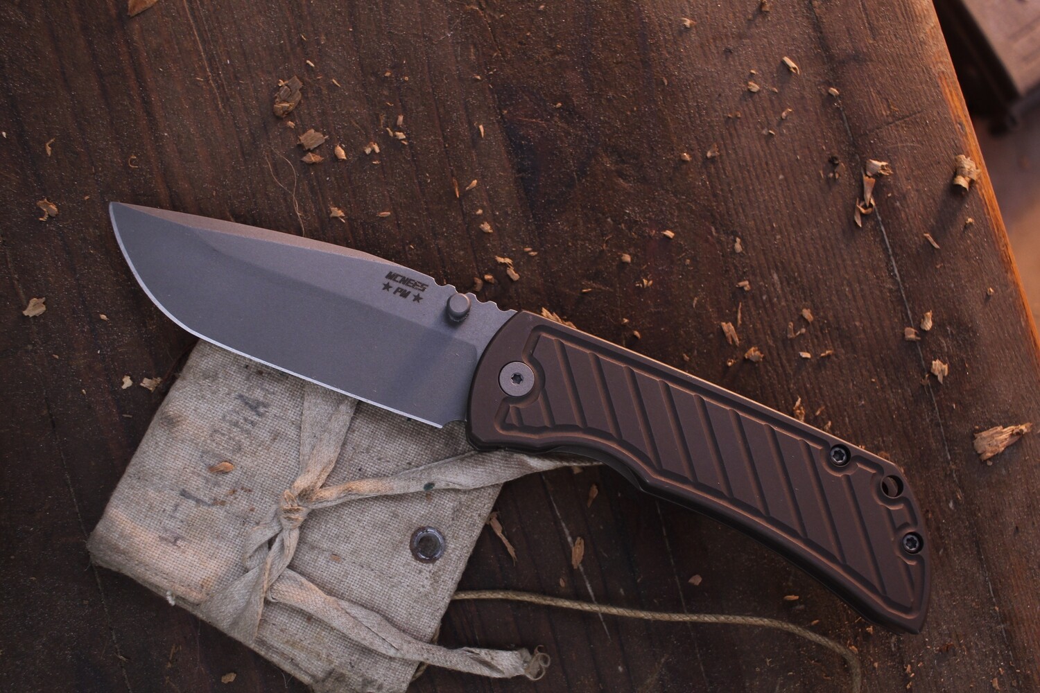 Mcnees Custom Knives Mac 2 3.5&quot; Framelock Folder / Bronze Titanium / Stonewashed Magnacut ( Pre Owned )