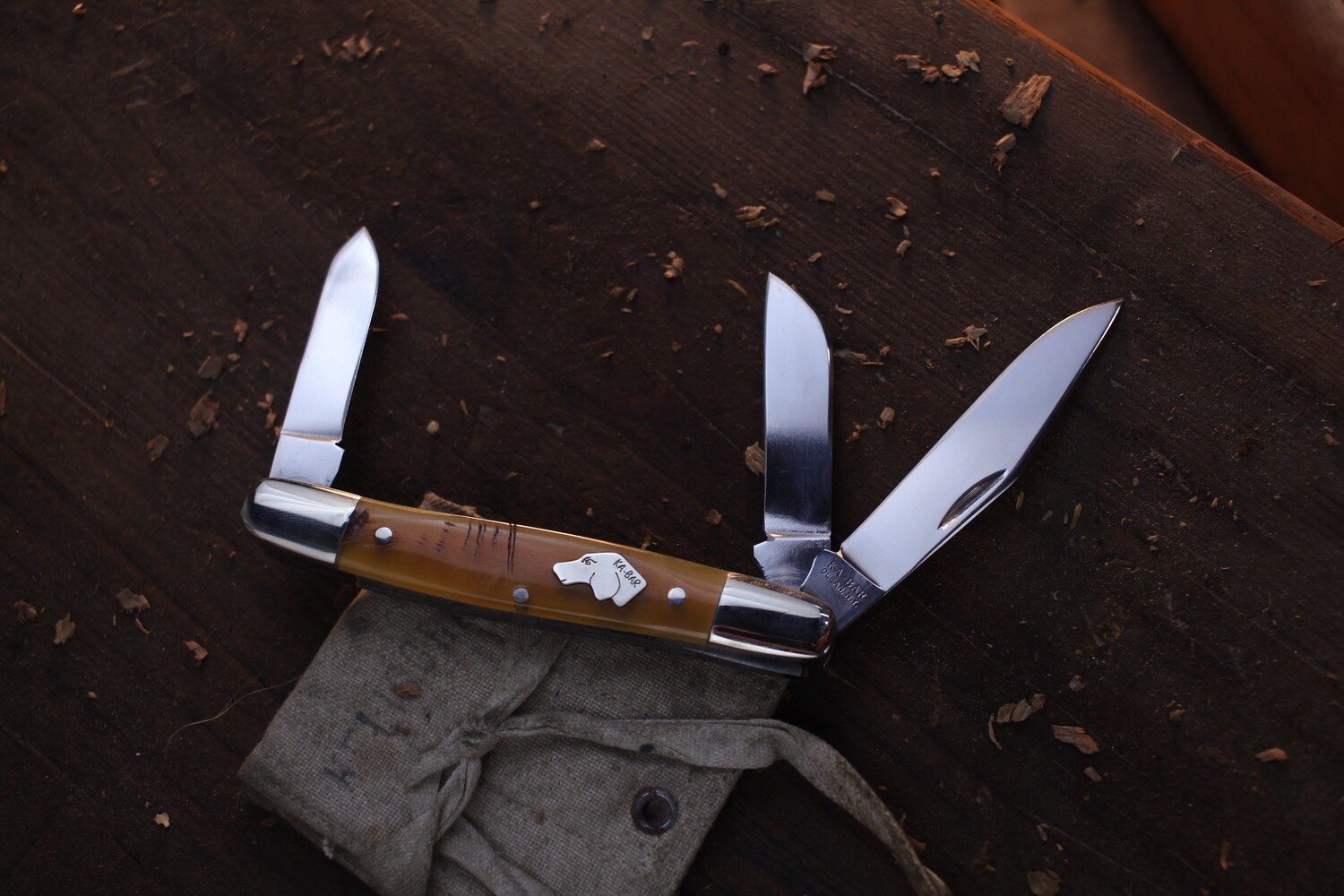 Ka-Bar Dogs Head 3 Blade Stockman / Rams Honer &amp; Nickel Bolsters / Satin 440C ( Pre Owned )