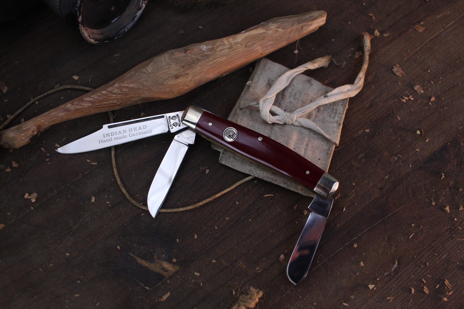C. Risner Vintage Indian Head Stockman 3 Blade 3.75 Closed Slipjoint / Red Acrylic / High Carbon Solingen ( Pre Owned )