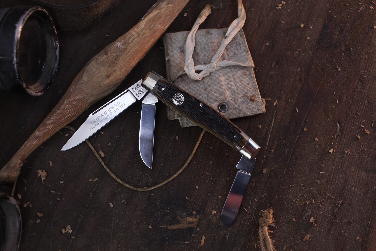 C. Risner Vintage Indian Head Stockman 3 Blade 3.75 Closed Slipjoint / Jigged Bone / High Carbon Solingen ( Pre Owned )