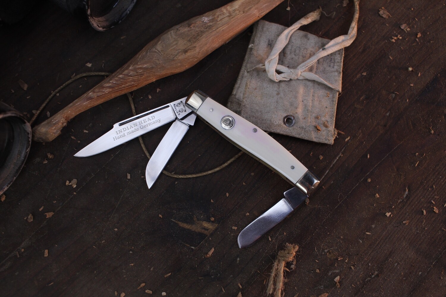 C. Risner Vintage Indian Head Stockman 3 Blade 3.75 Closed Slipjoint / Ivory White Acrylic / High Carbon Solingen ( Pre Owned )