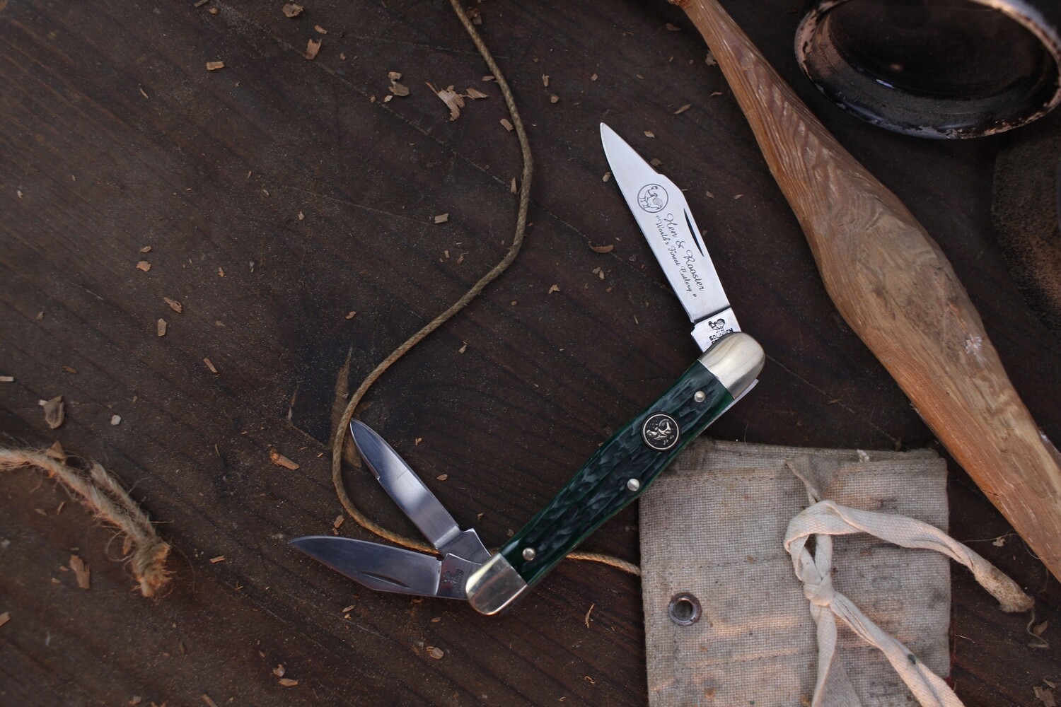 Hen &amp; Rooster Stockman 3.5&quot; Closed Slipjoint Folder / Jade Jigged Bone / Satin Solingen Steel ( Pre Owned )