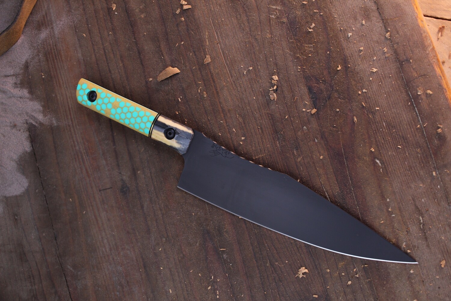 Half Face Blade 8&quot; Chef Knife / Hexed Teal G-10 &amp; Giraffe Bone Bolster / Black Cerakote S45VN